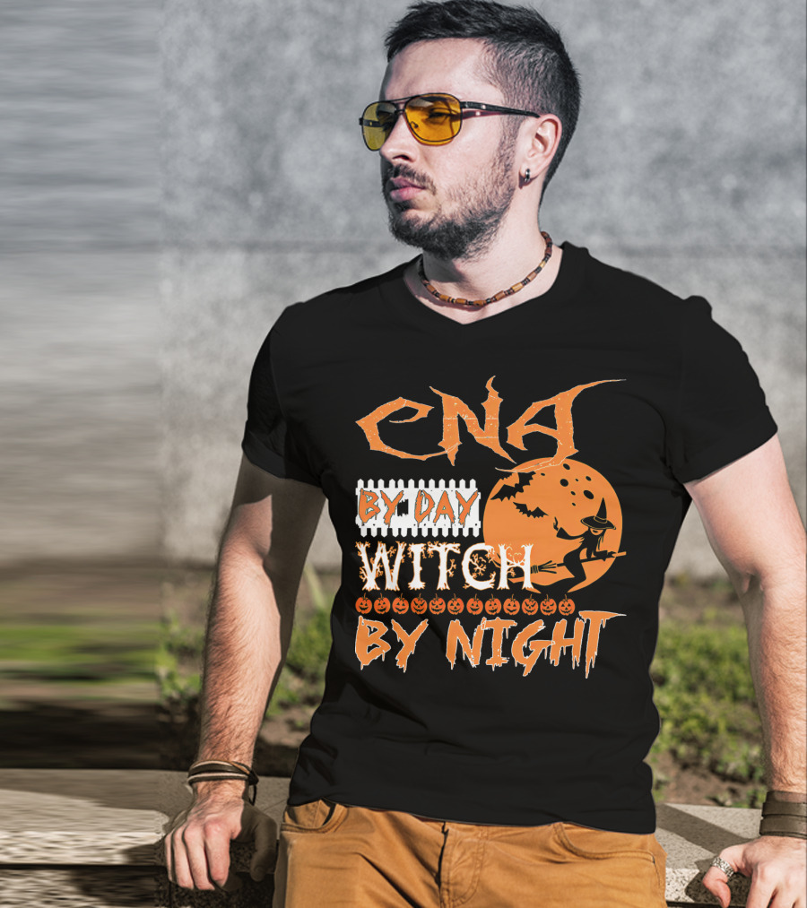 CNA By Day Witch By Night Flying Witch On Broom With Pumpkins And Bats T-Shirt