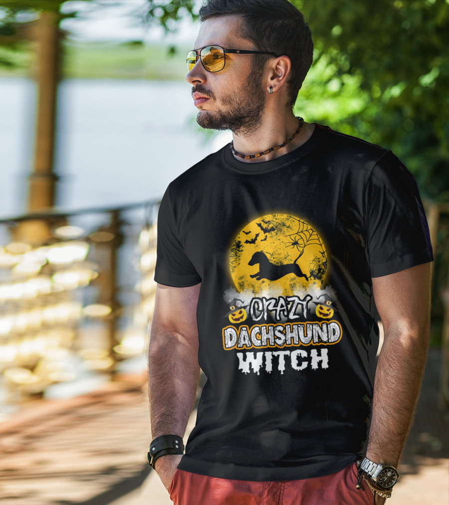 Crazy Dachshund Witch Moon Bats Pumpkin T-Shirt