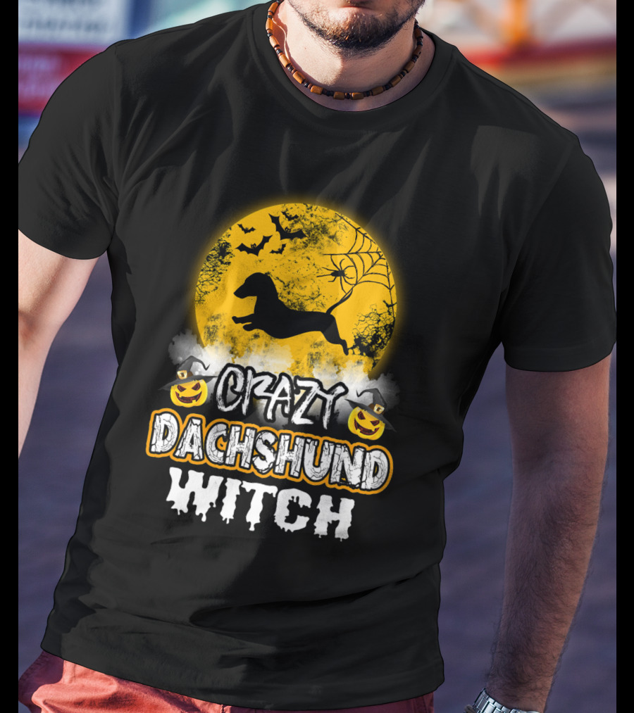Crazy Dachshund Witch Moon Bats Pumpkin T-Shirt