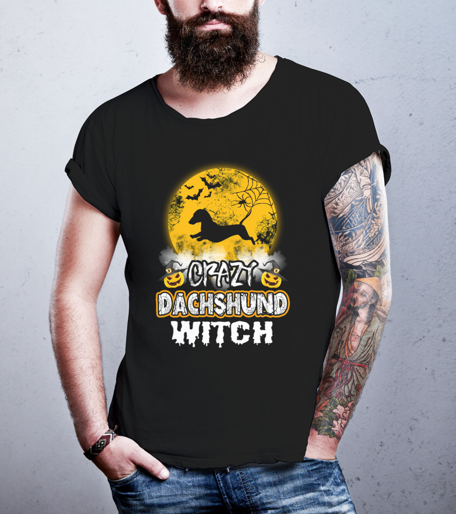 Crazy Dachshund Witch Moon Bats Pumpkin T-Shirt