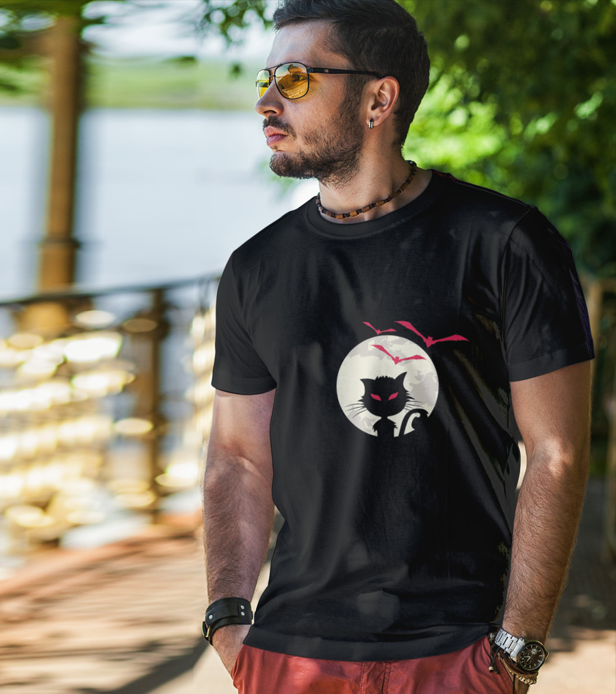 Cute Cat Silhouette With Red-Eyed Bats And Full Moon T-Shirt