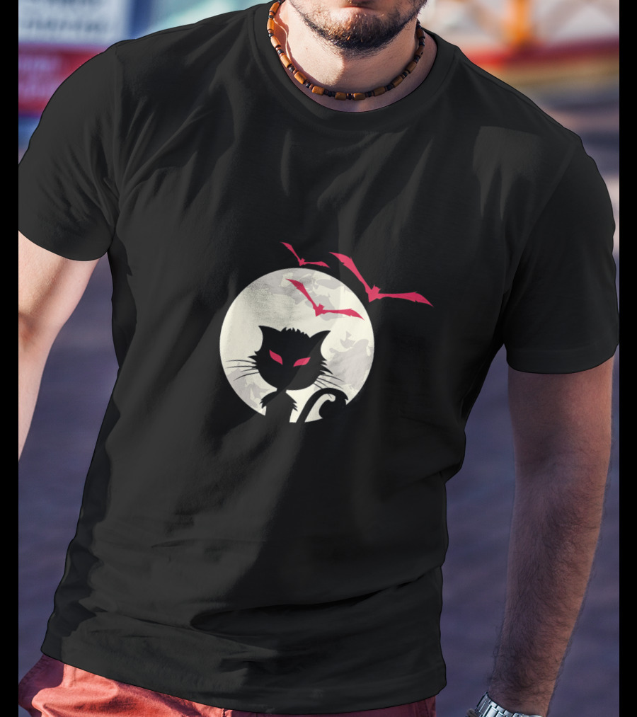 Cute Cat Silhouette With Red-Eyed Bats And Full Moon T-Shirt