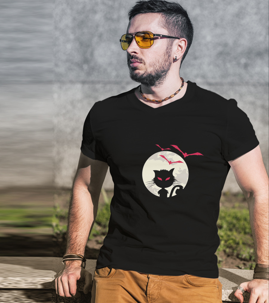 Cute Cat Silhouette With Red-Eyed Bats And Full Moon T-Shirt