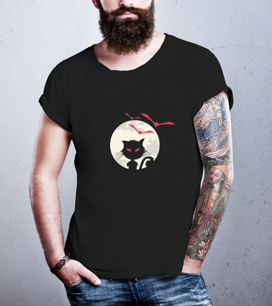 Cute Cat Silhouette With Red-Eyed Bats And Full Moon T-Shirt