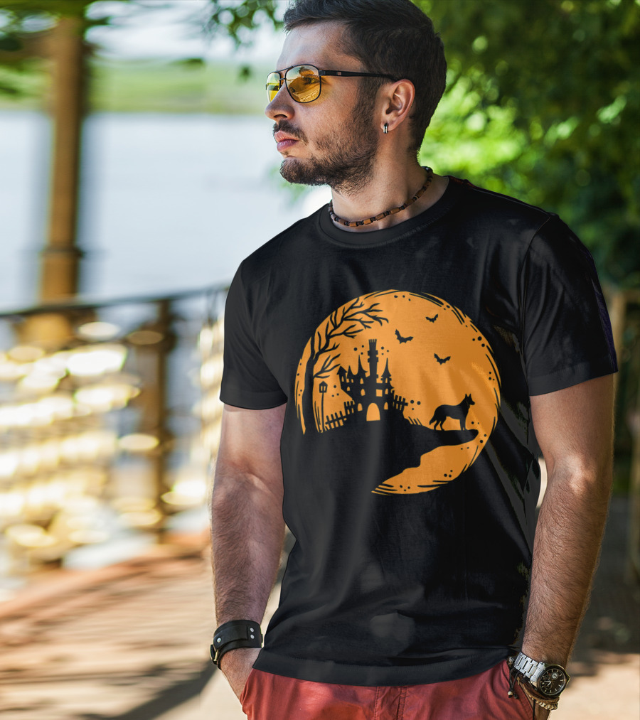 Halloween Dog Silhouette With Haunted Castle And Bats T-Shirt