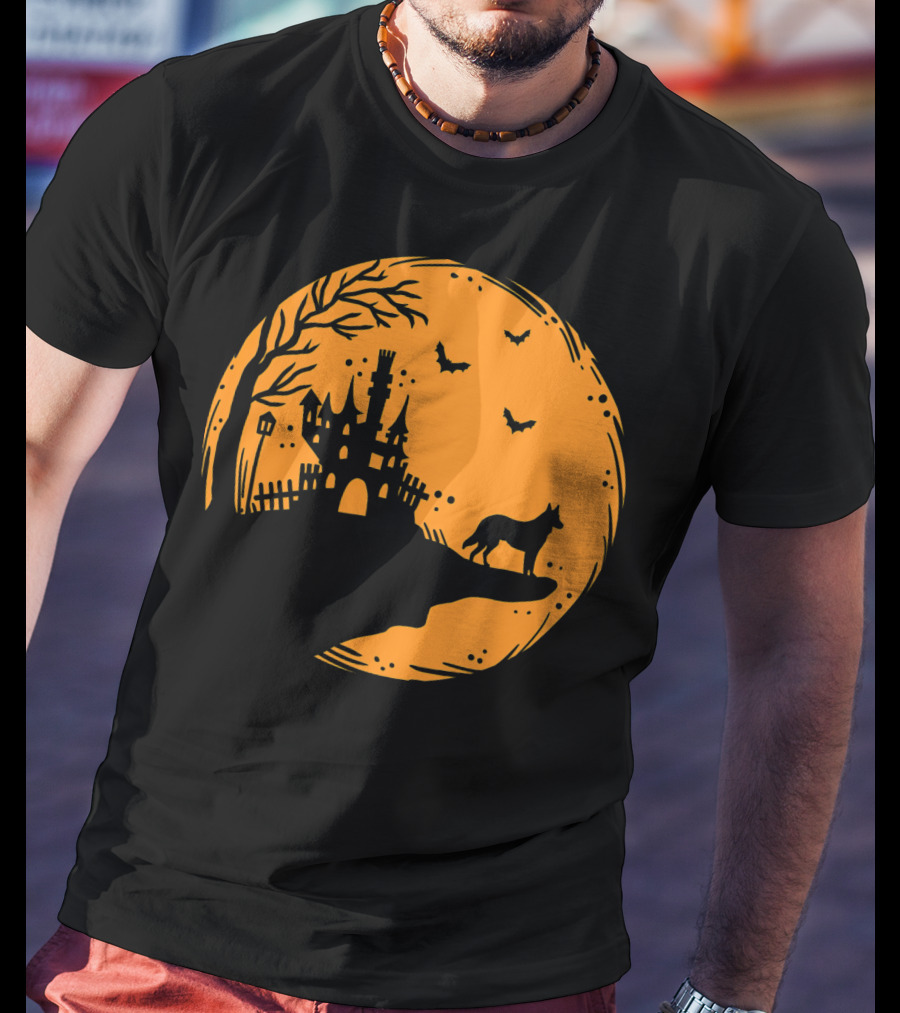 Halloween Dog Silhouette With Haunted Castle And Bats T-Shirt