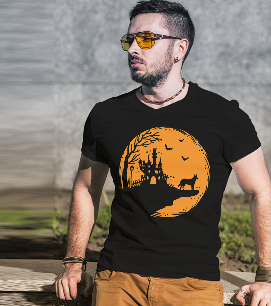 Halloween Dog Silhouette With Haunted Castle And Bats T-Shirt