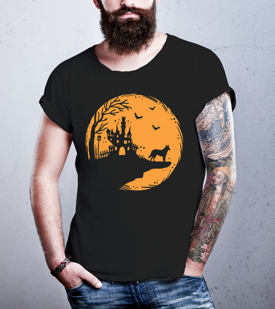 Halloween Dog Silhouette With Haunted Castle And Bats T-Shirt