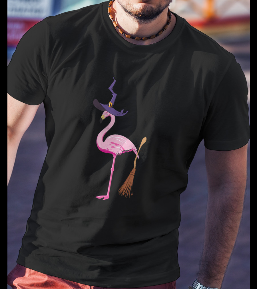 Flamingo Witch With Broom Halloween Magic T-Shirt