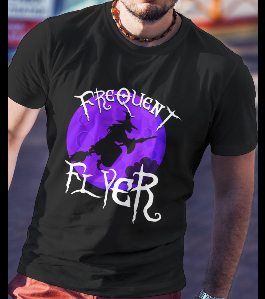 Frequent Flyer Witch Broom Silhouette Against Purple Moon T-Shirt