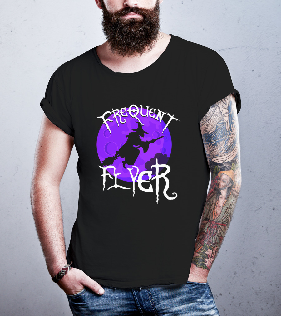 Frequent Flyer Witch Broom Silhouette Against Purple Moon T-Shirt
