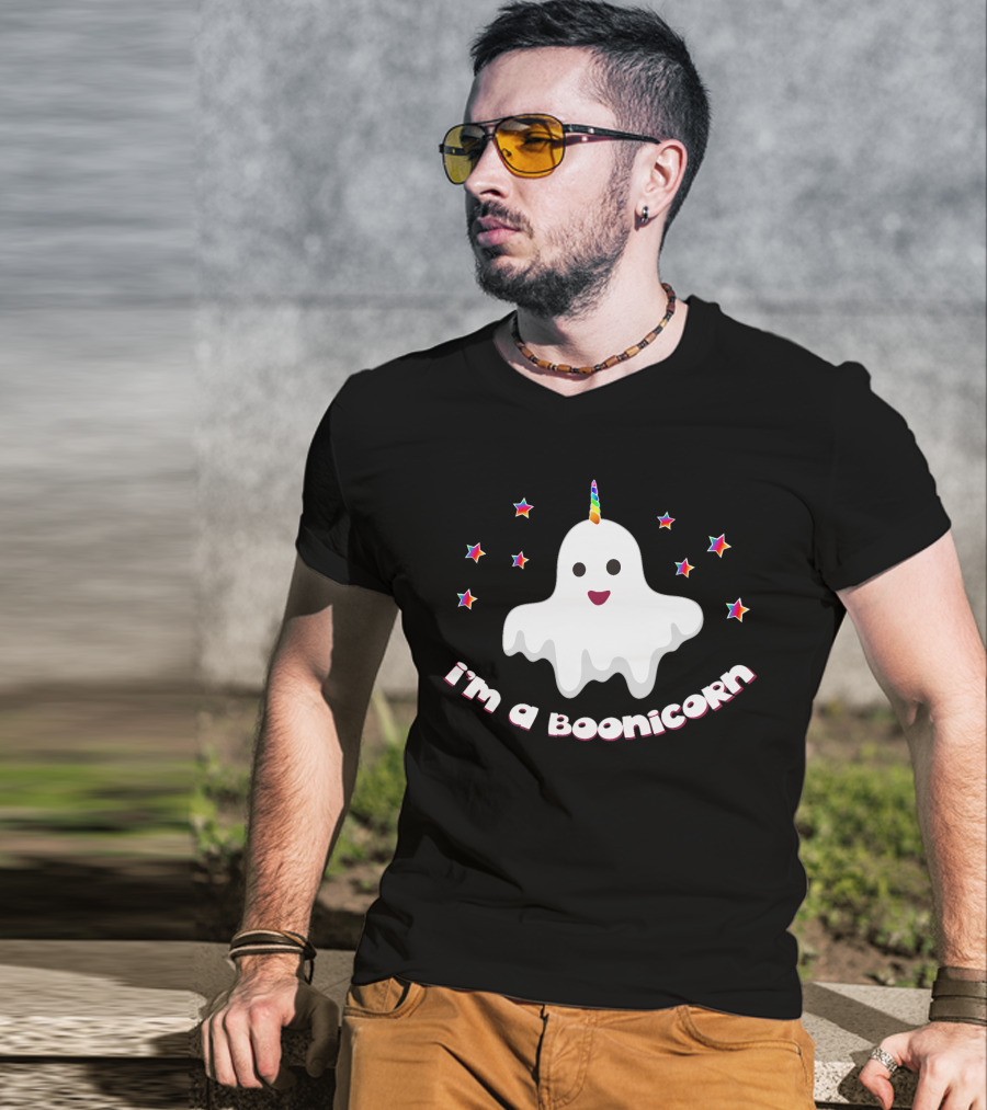 I'm A Boonicorn Funny Halloween Ghost With Rainbow Unicorn Horn And Colorful Stars T-Shirt