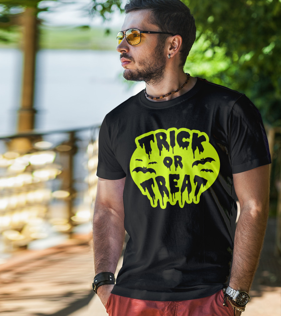 Gladditudes Trick Or Treat Dripping Font With Bats T-Shirt