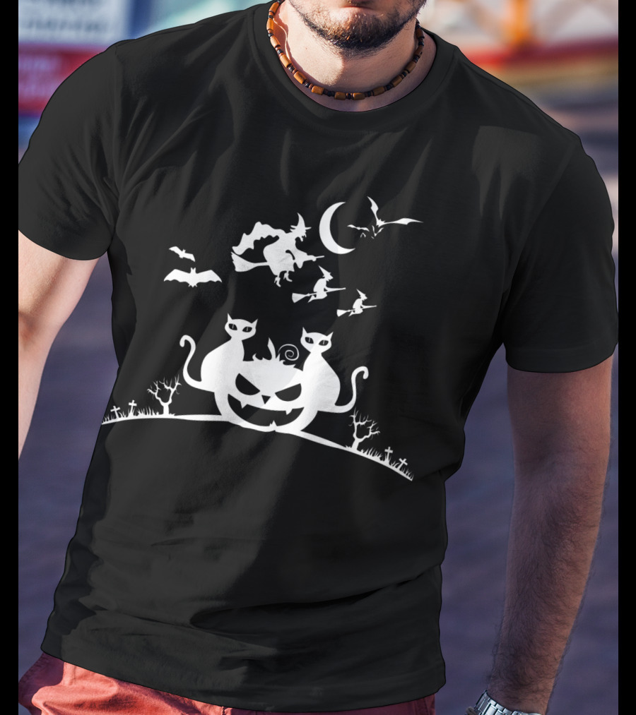 Halloween Cats Jack-o'-Lantern Witches Moon Bats T-Shirt