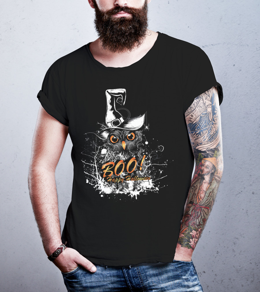 BOO Happy Halloween Owl With Witch Hat T-Shirt