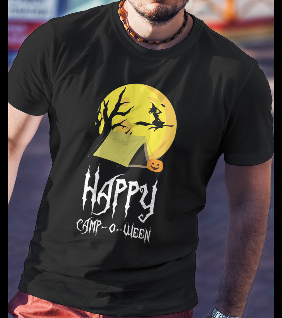 Happy Camp O Ween With Witch And Pumpkin Camping Under Full Moon T-Shirt