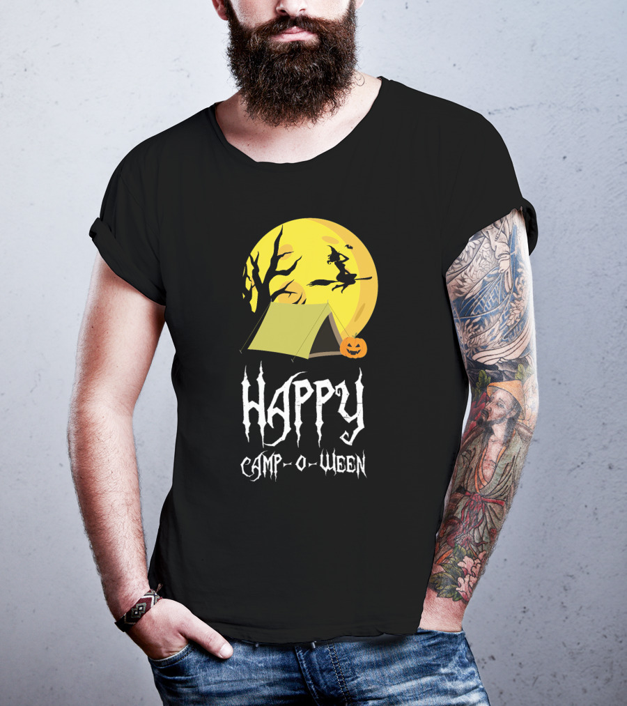Happy Camp O Ween With Witch And Pumpkin Camping Under Full Moon T-Shirt