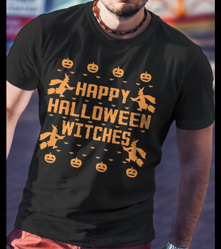 Happy Halloween Witches Flying Broomsticks Pumpkins Bats T-Shirt