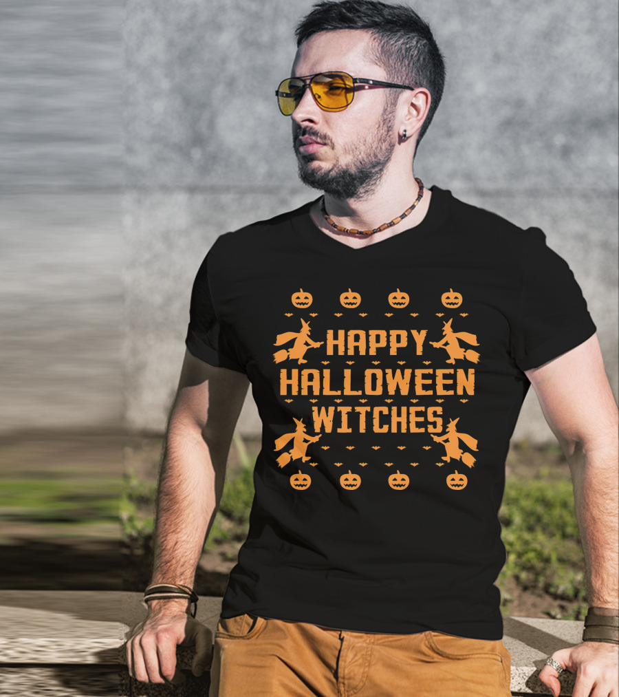 Happy Halloween Witches Flying Broomsticks Pumpkins Bats T-Shirt