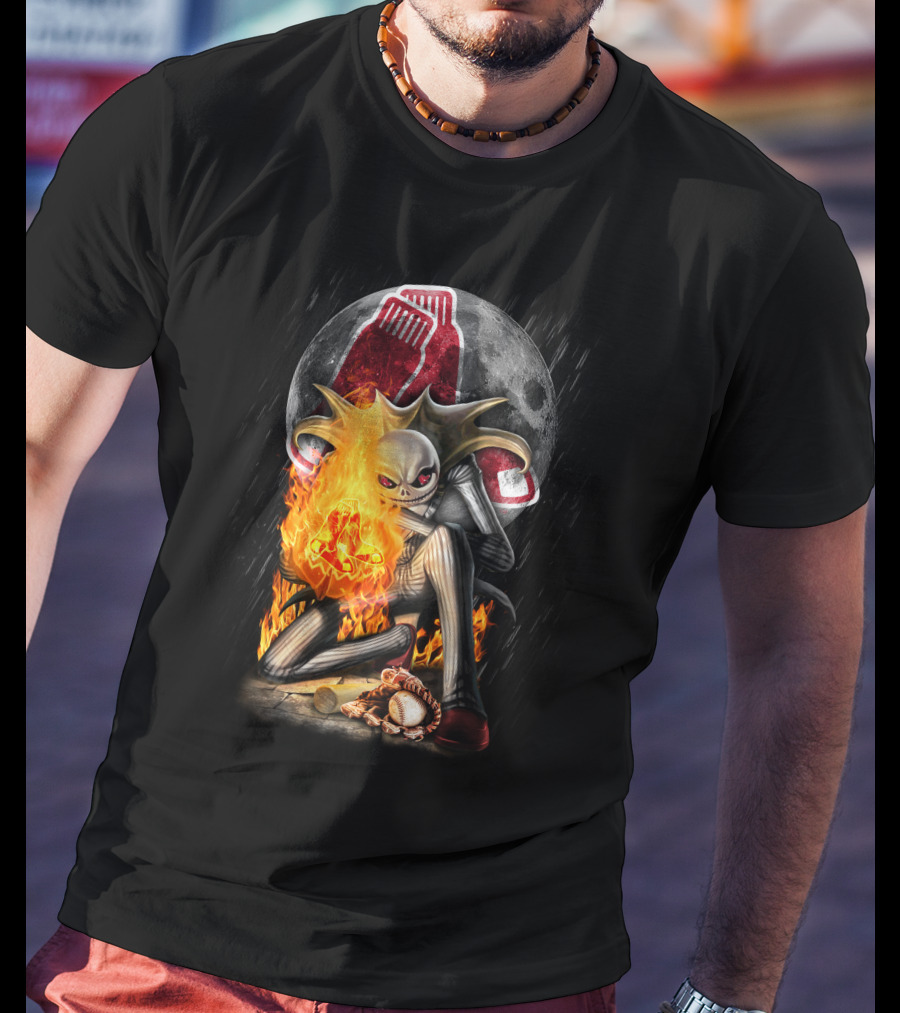 Jack Skellington Boston Red Sox Skeletal Flames Moon Baseball Fusion T-Shirt