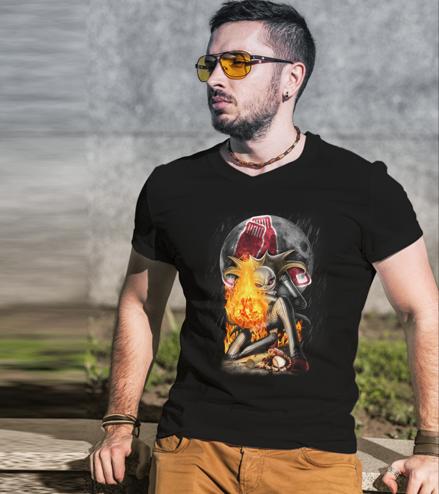 Jack Skellington Boston Red Sox Skeletal Flames Moon Baseball Fusion T-Shirt