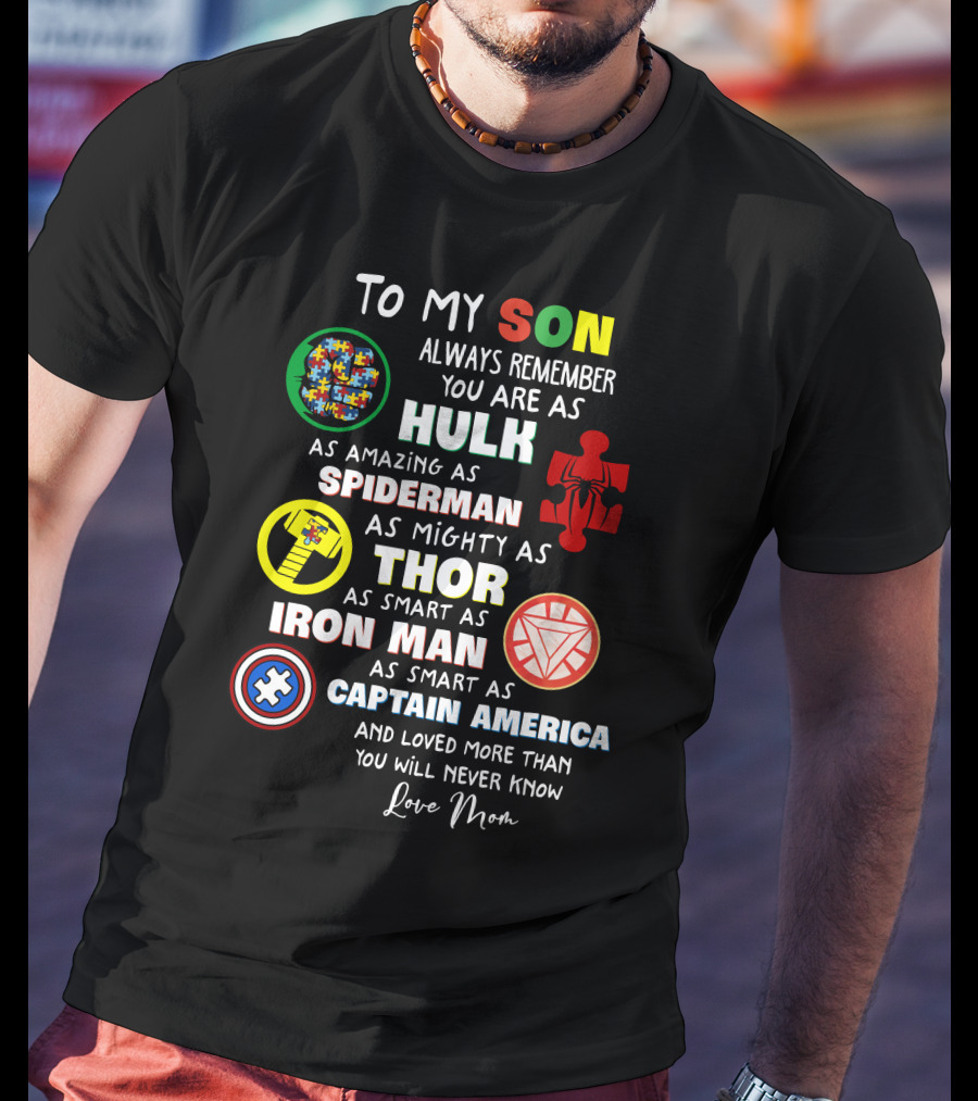 To My Son Always Remember You Are As Hulk As Amazing As Spiderman As Mighty As Thor As Smart As Iron Man Captain America Love Mom T-Shirt