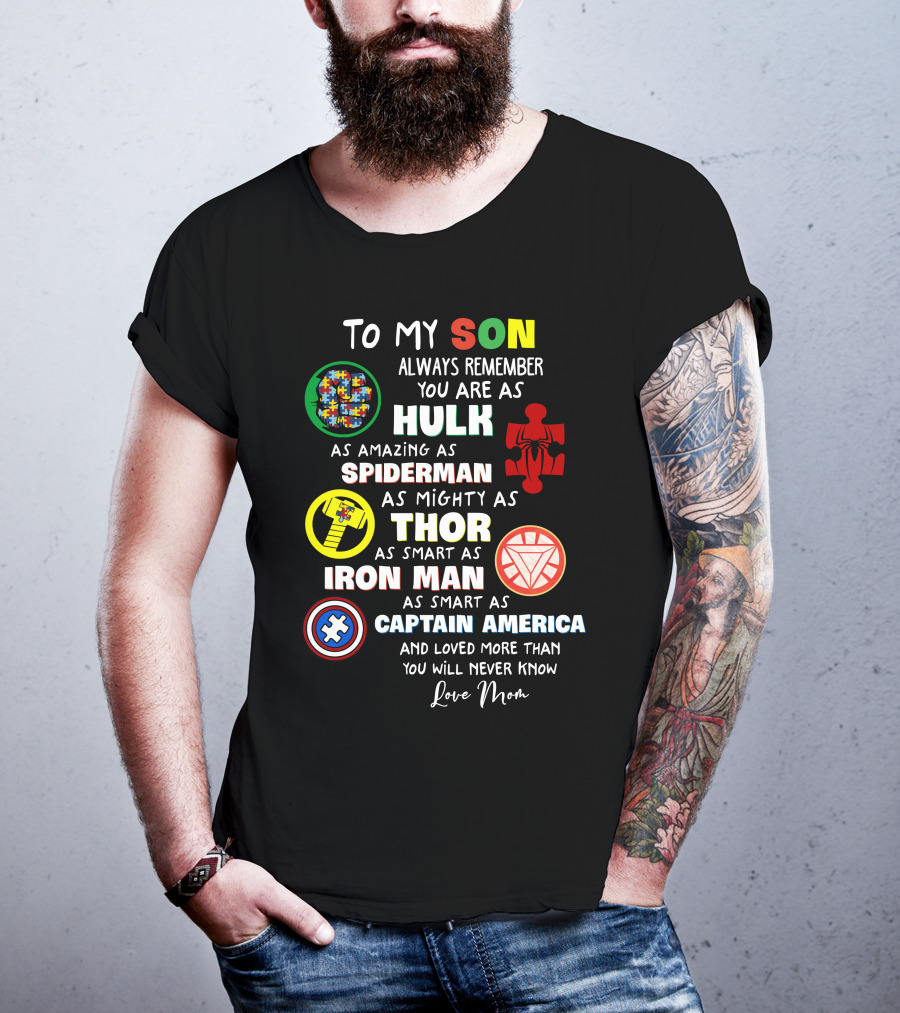 To My Son Always Remember You Are As Hulk As Amazing As Spiderman As Mighty As Thor As Smart As Iron Man Captain America Love Mom T-Shirt