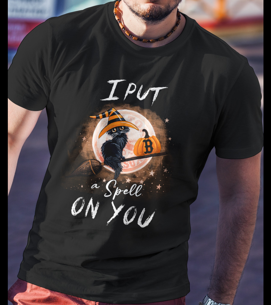 I Put A Spell On You Boston Red Sox Halloween Cat Pumpkin Broomstick Magic T-Shirt