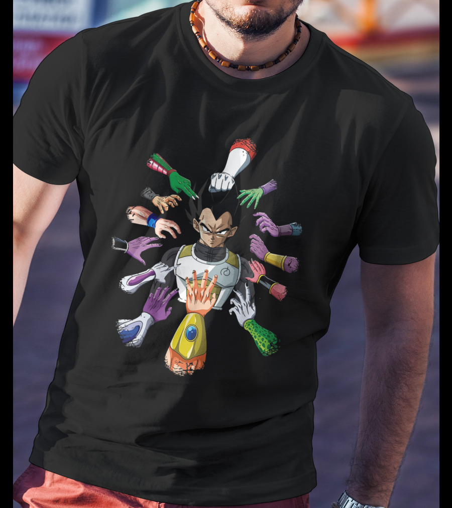 Vegeta Surrounded By Colorful Hands In John Wick T-Shirt