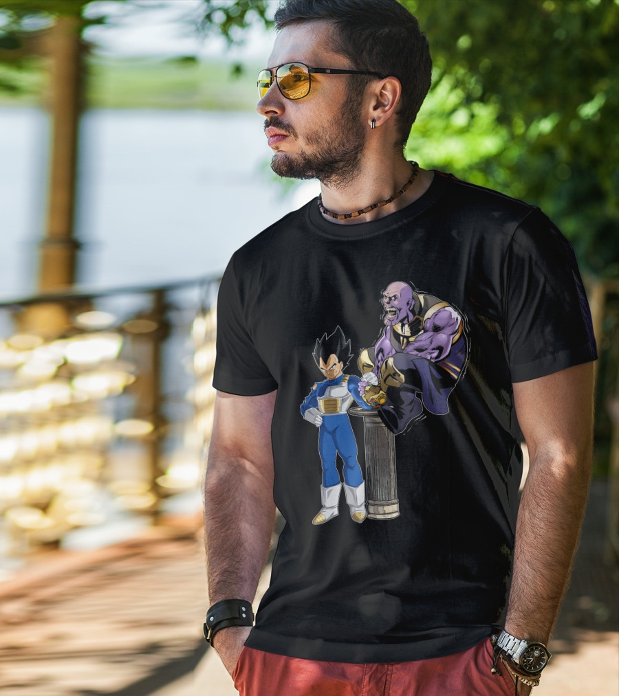 Vegeta And Thanos Arm Wrestling On Stone Pedestal T-Shirt