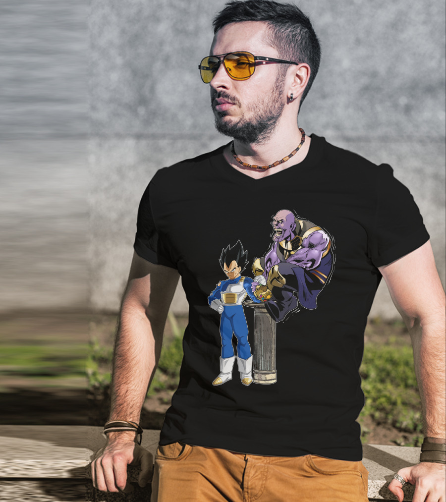Vegeta And Thanos Arm Wrestling On Stone Pedestal T-Shirt