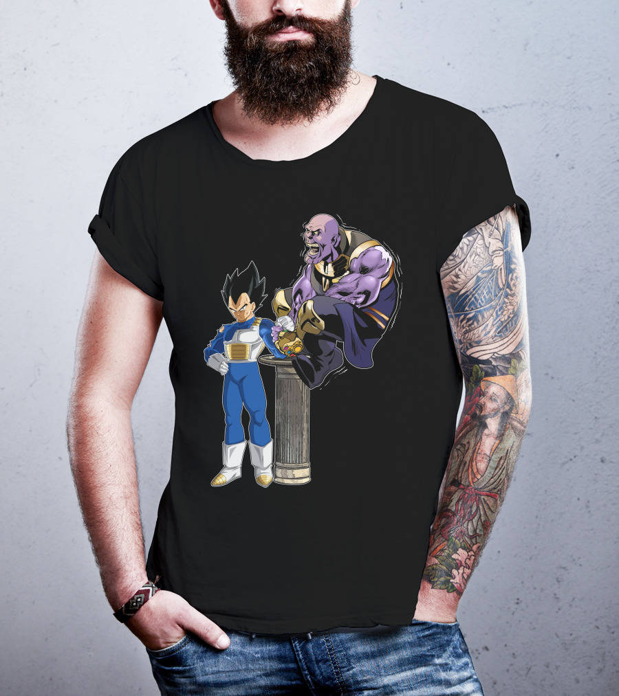 Vegeta And Thanos Arm Wrestling On Stone Pedestal T-Shirt