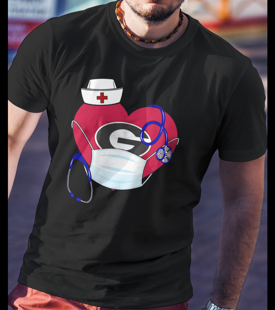 Georgia Bulldogs Heart Nurse Stethoscope Mask T-Shirt