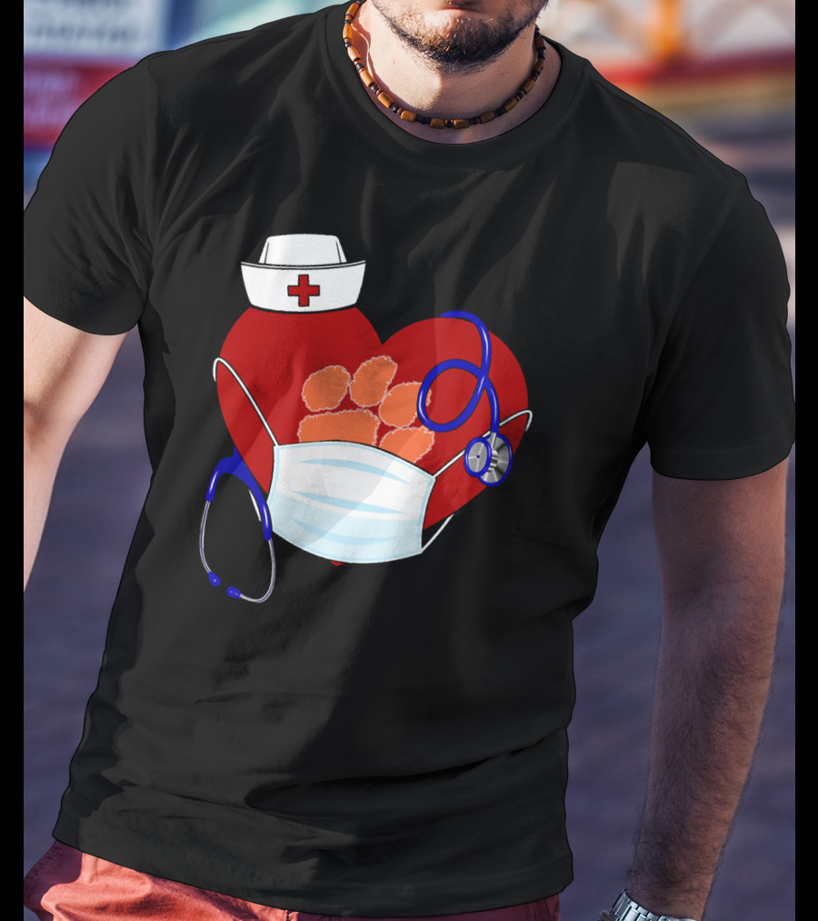 Heart Tigers Nursing Mask Stethoscope Paw Prints T-Shirt