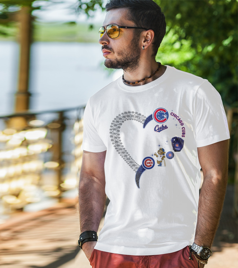 Chicago Cubs Heart Design With Logos And Bear Mascot T-Shirt