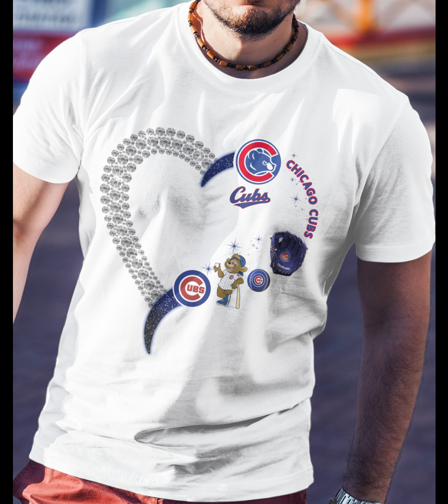 Chicago Cubs Heart Design With Logos And Bear Mascot T-Shirt