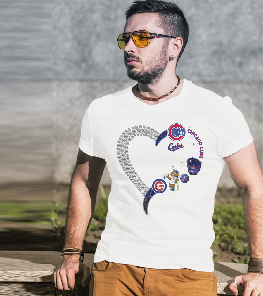 Chicago Cubs Heart Design With Logos And Bear Mascot T-Shirt
