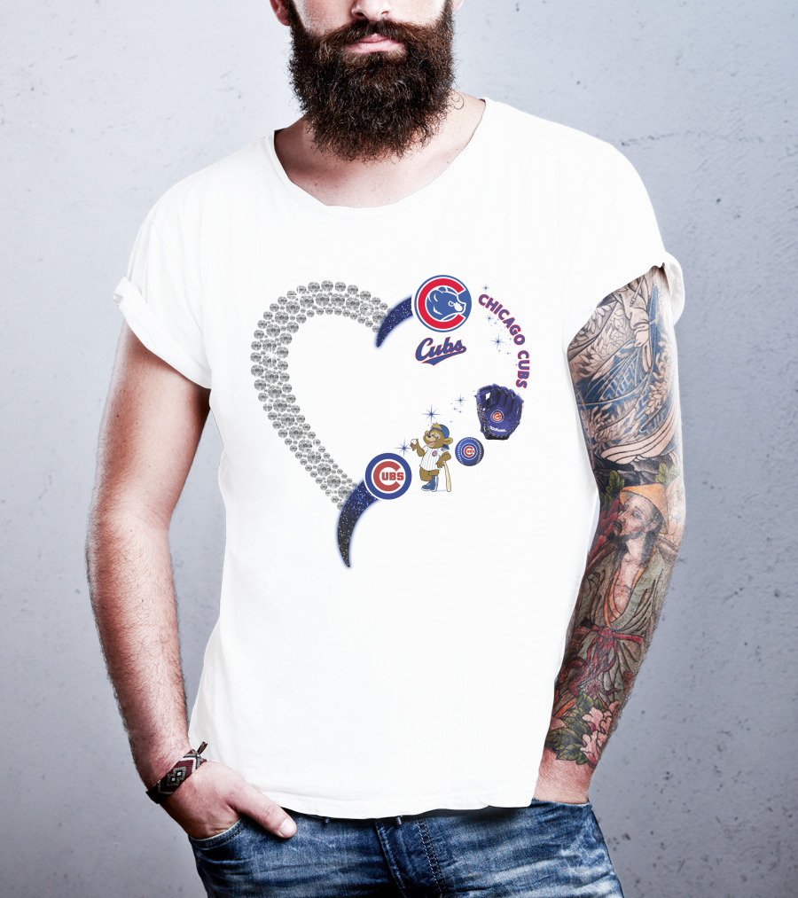 Chicago Cubs Heart Design With Logos And Bear Mascot T-Shirt