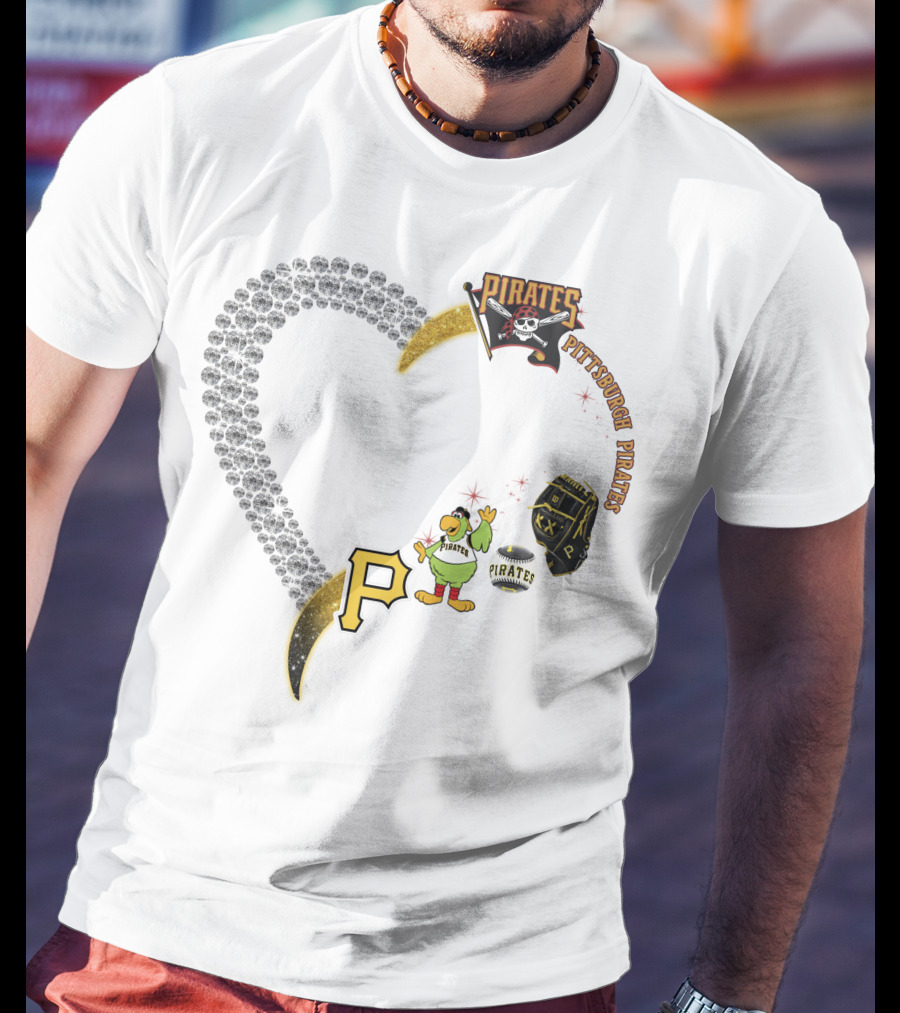 Pittsburgh Pirates Heart Logo Skully Parrot Baseball Glove P Patch T-Shirt