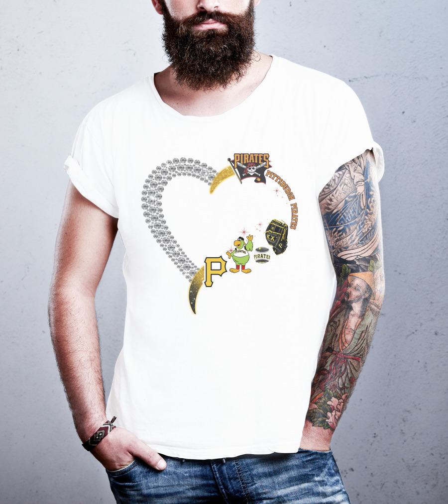 Pittsburgh Pirates Heart Logo Skully Parrot Baseball Glove P Patch T-Shirt