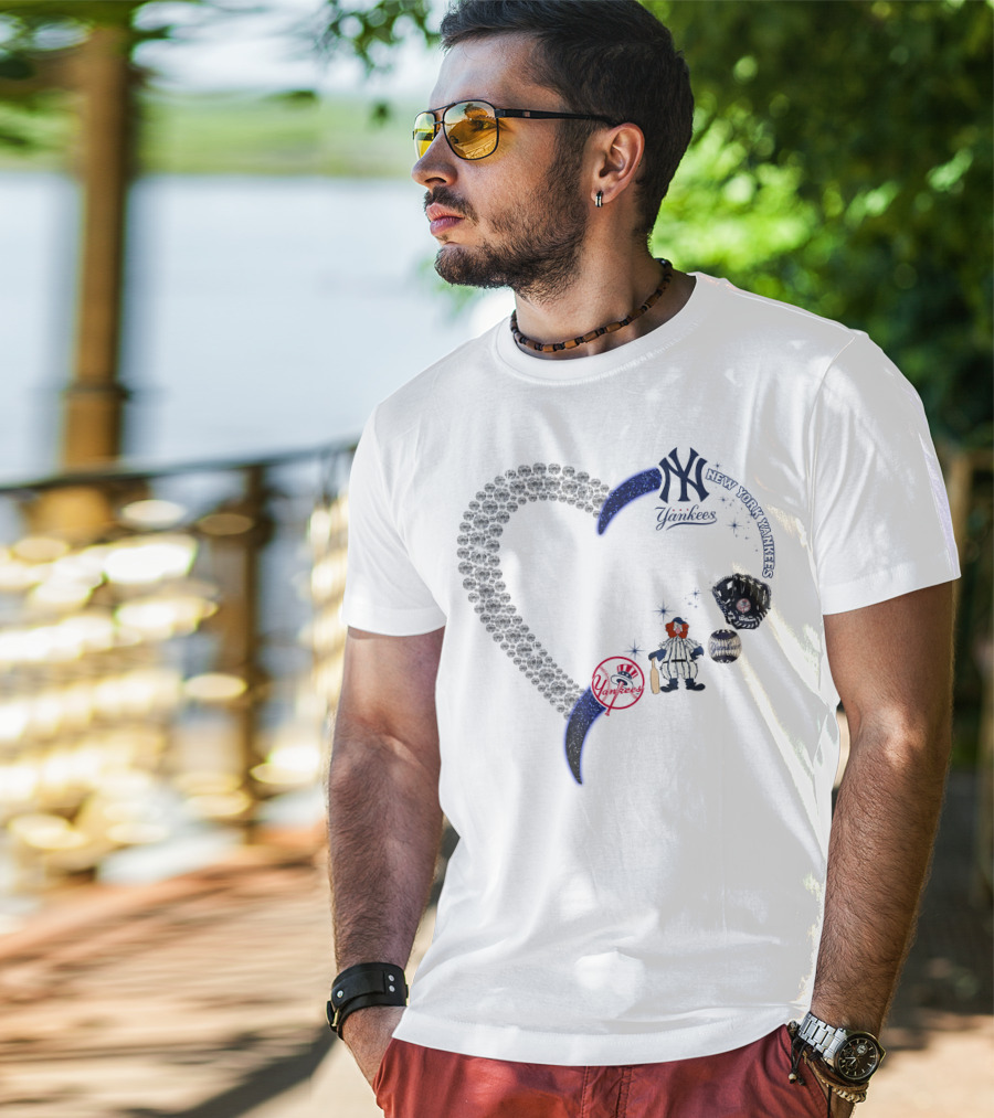 New York Yankees Heart Design With Baseball Elements T-Shirt