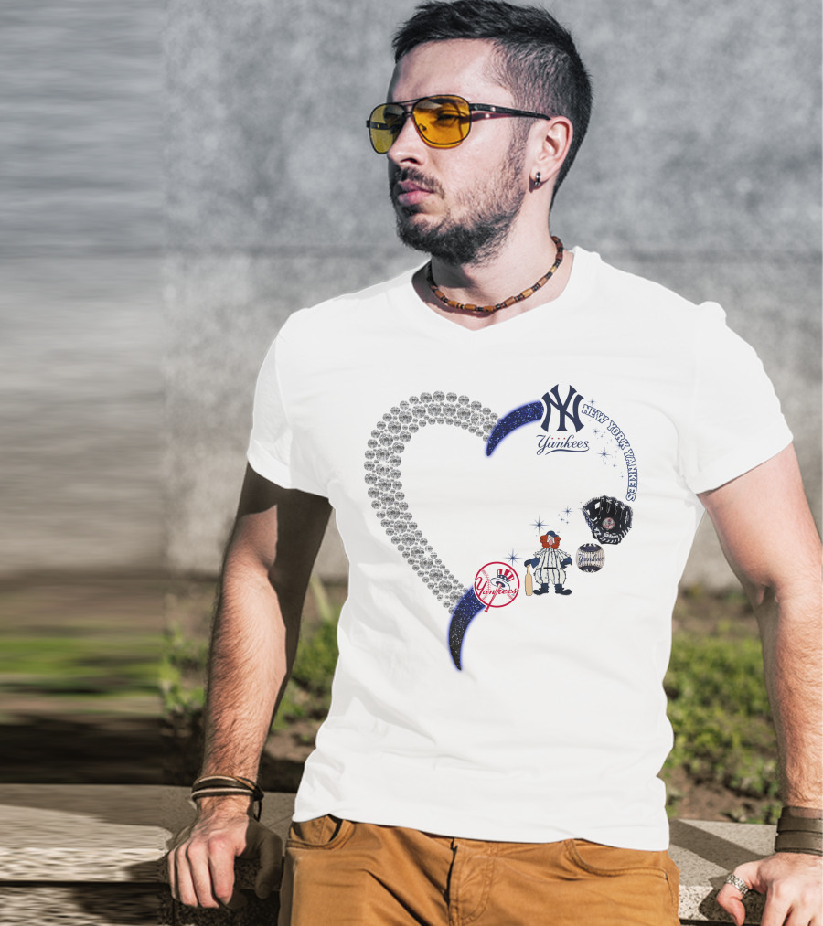 New York Yankees Heart Design With Baseball Elements T-Shirt