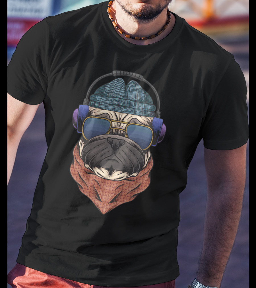 Bulldog Hipster Headphones Bandana Sunglasses Beanie T-Shirt