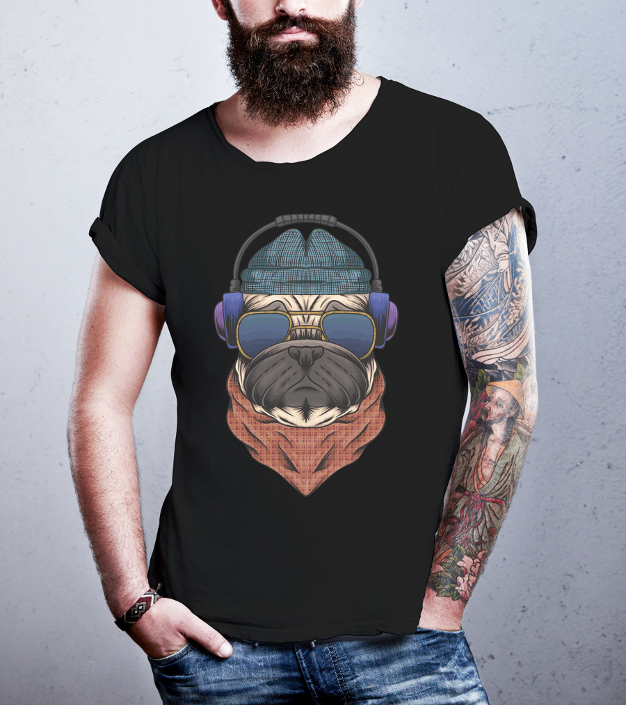 Bulldog Hipster Headphones Bandana Sunglasses Beanie T-Shirt