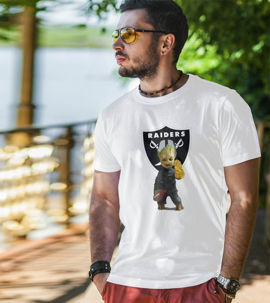 Las Vegas Raiders Groot Holding Football With Gauntlet In Front Of Raiders T-Shirt