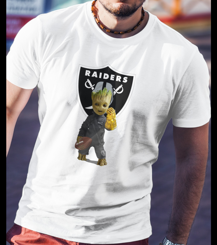 Las Vegas Raiders Groot Holding Football With Gauntlet In Front Of Raiders T-Shirt
