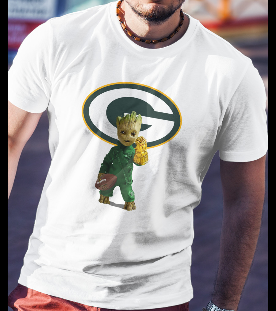 Green Bay Packers Groot Football Holding Infinity Gauntlet T-Shirt