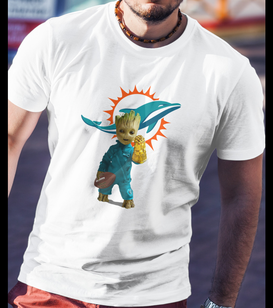 Miami Dolphins Groot Holding Football And Infinity Gauntlet T-Shirt