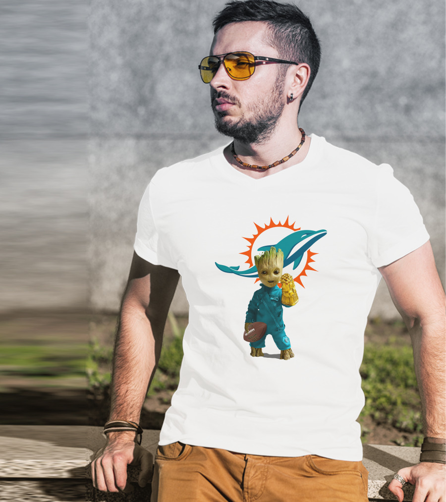 Miami Dolphins Groot Holding Football And Infinity Gauntlet T-Shirt