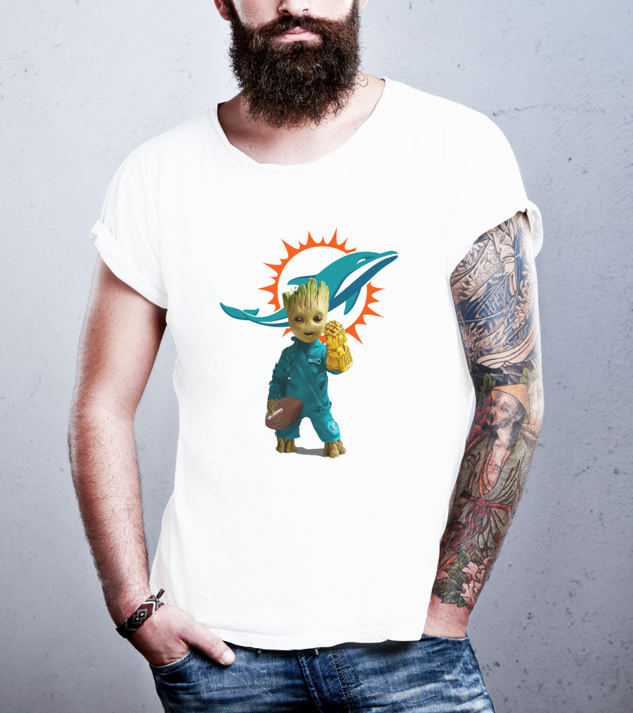 Miami Dolphins Groot Holding Football And Infinity Gauntlet T-Shirt